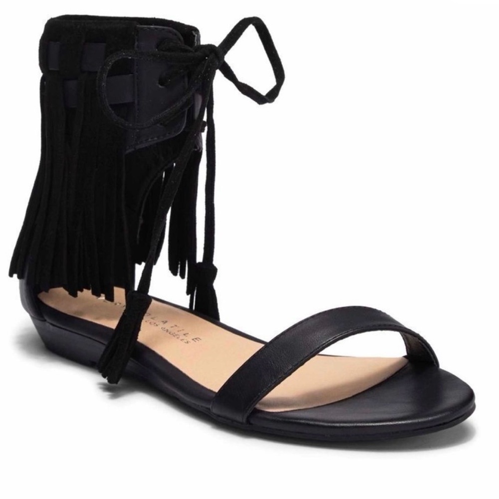 Very Volatile Black Fringe Lace-Up Sandals